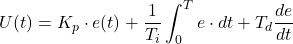 \begin{equation*} U(t) =K_p\cdot e(t)+\frac{1}{T_i} \int_0^T e\cdot dt + T_d \frac{de}{dt} \end{equation*}