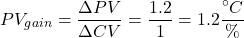 \begin{equation*} PV_{gain} =\frac{\Delta PV}{\Delta CV} =\frac{1.2}{1} =1.2 \frac{^\circ C}{\%} \end{equation*}